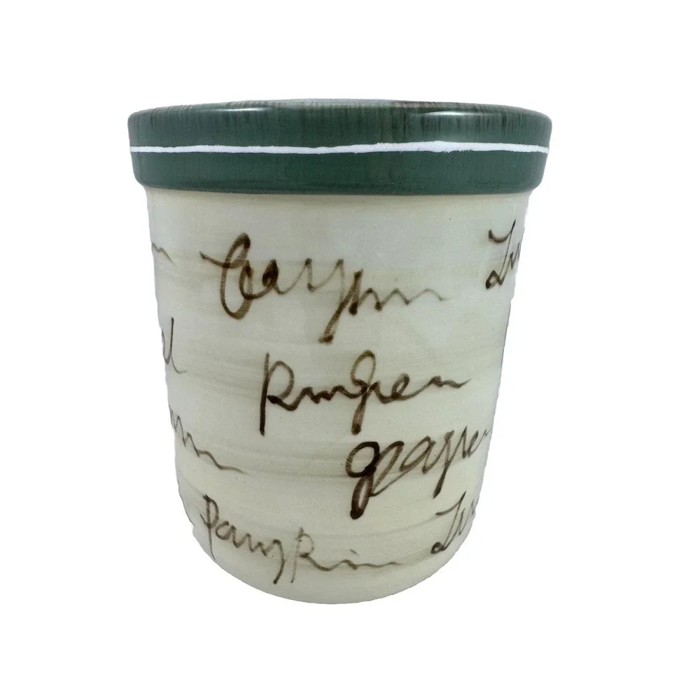 Style-Eyes By Baum Bros Utensil Crock Grape Writing  Ivory Blue Green Word Art